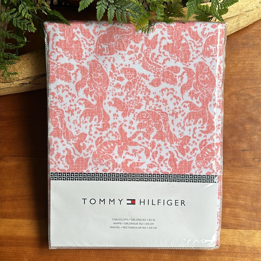 New/Tommy Hilfiger orange/white Koi fish print tablecloth. Oblong 60” X 84”